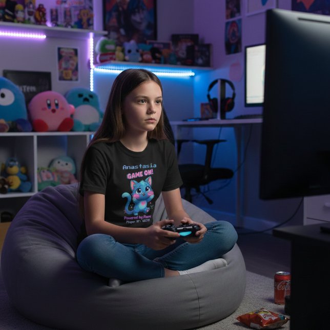 Personlig söt pixelart blå katt "Game On" T Shirt (Skapare uppladdad)