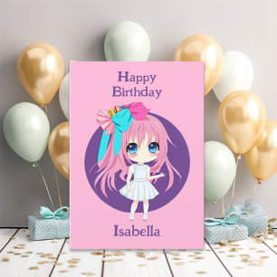 Personlig Söt Rosa Anime Birthday Girl Kort