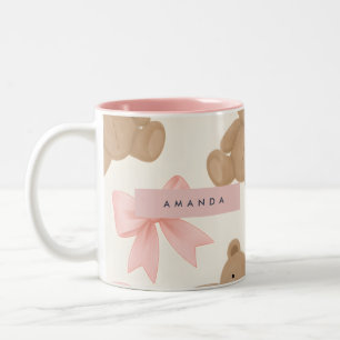 Personlig Söt Teddybjörn och Rosa Rosettmönster Två-Tonad Mugg