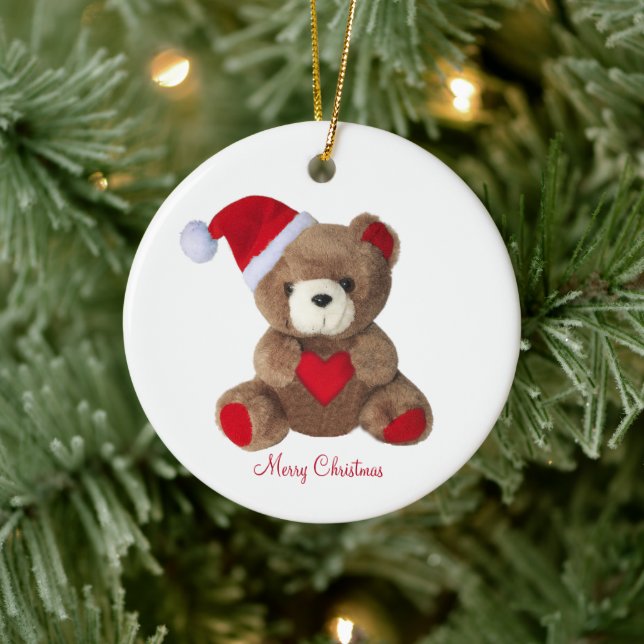 Personlig söt teddybjörn på vit julgransprydnad keramik (Träd)