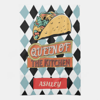Personlig söt vintage taco Geometric Blue Kökshandduk