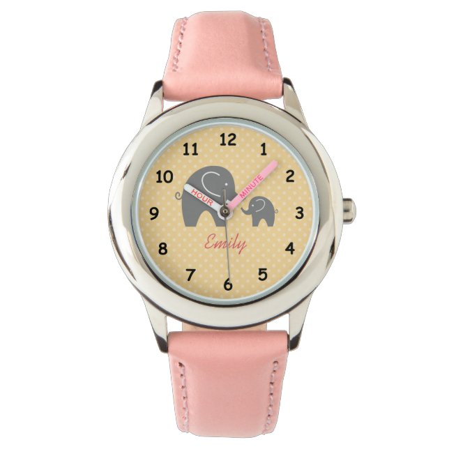 Personlig Söta rosa grått elefantflickor, titta på Armbandsur (Framsida)
