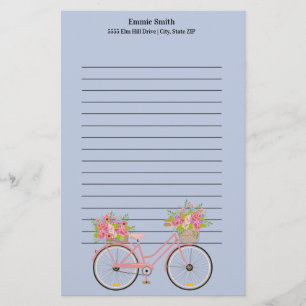 Personlig sötnosad rosa cykel med blommor blå brevpapper