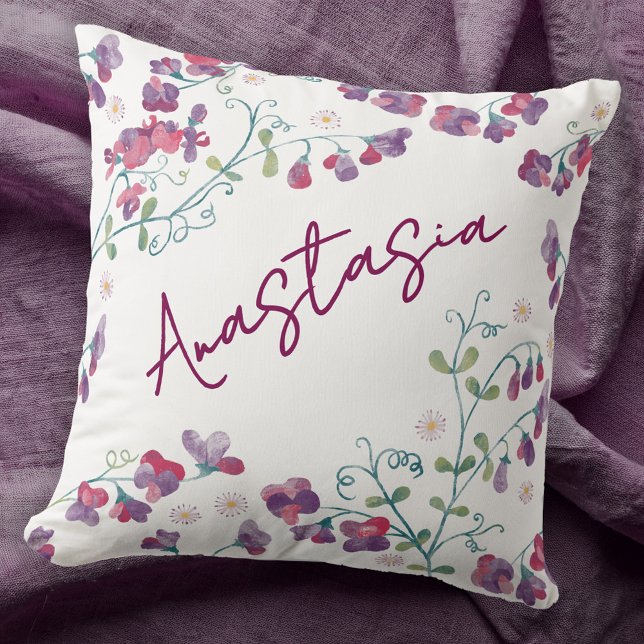 Personlig sötpea och tusenskönas födelsemånad apri kudde (April birthday birth month flower personalized custom name watercolor sweet pea daisy throw pillow)