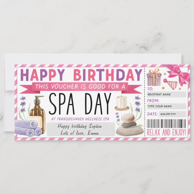 Personlig spa-dag Gift Voucher Biljett Inbjudningar (Framsida)