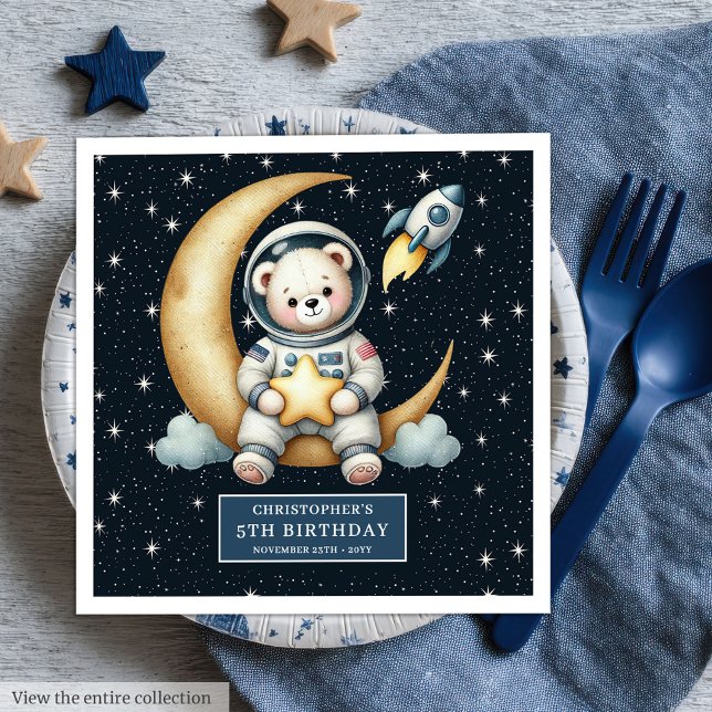 Personlig Space Bear Napkins for Boy Party Pappersservett (Personalized Space Bear Napkins for Boy Party)