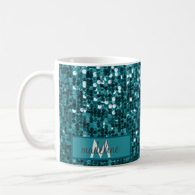 Personlig Sparkly Teal Sequin/Glitter Namn Kaffemugg (Vänster)