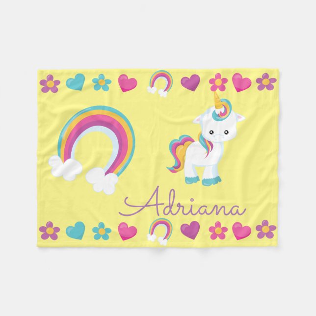 Personlig Spipande Baby Unicorn & Rainbow Fleecefilt (Framsidan (Horisontell))