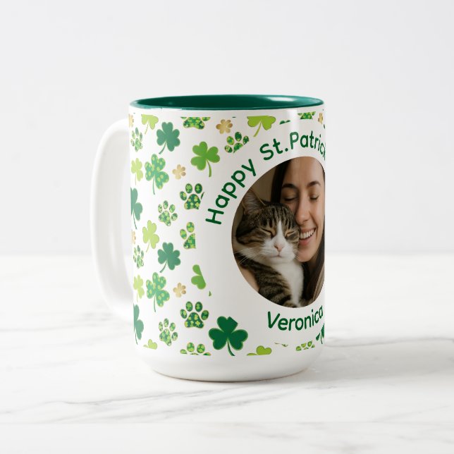 Personlig St. Patrick's Day-kattmamma-fotomugg Två-Tonad Mugg (Framsida vänster)