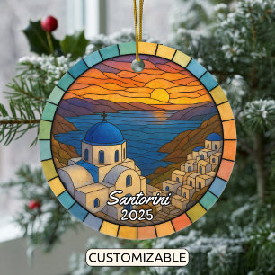 Personlig Stached Glass Santorini, Grekland Julgransprydnad Keramik
