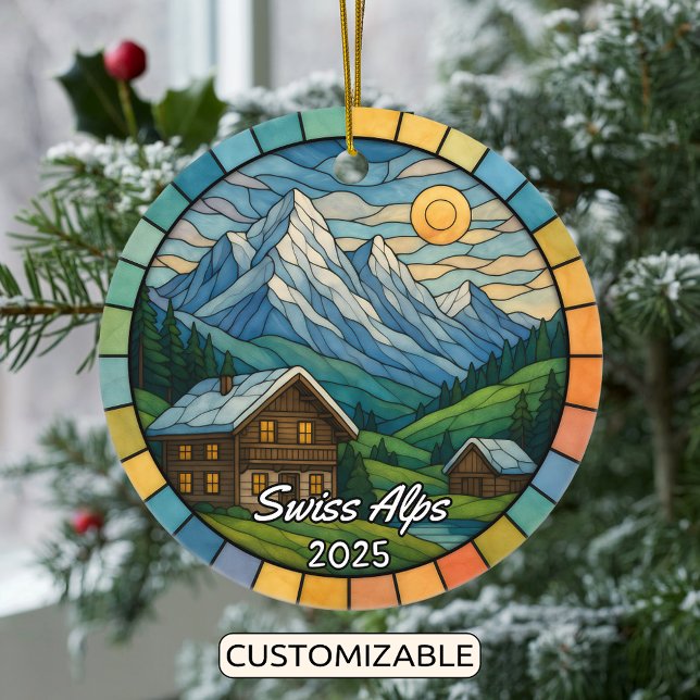 Personlig Stached Glass Swiss Alpernas, Schweiz Julgransprydnad Keramik (Skapare uppladdad)