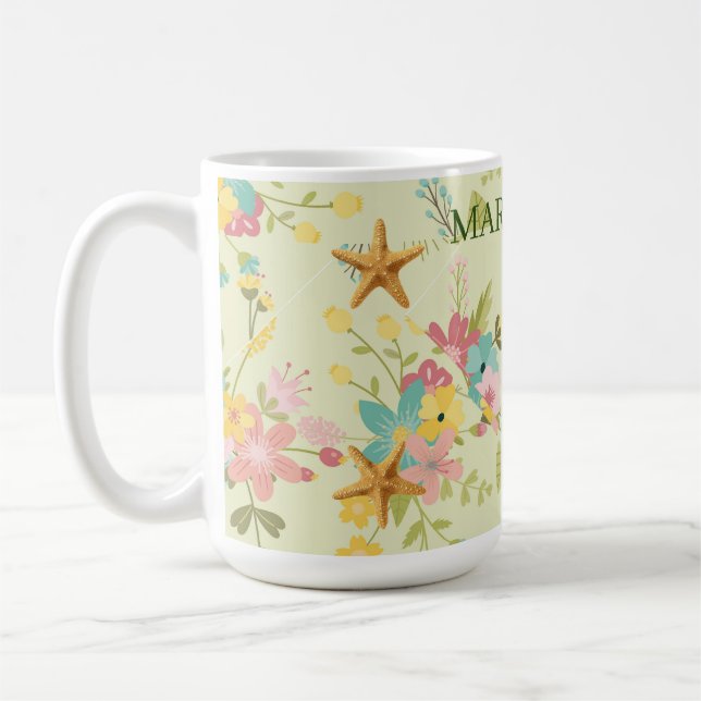 Personlig Starfish Rosa Gult Grönt Blommigts Kaffemugg (Vänster)