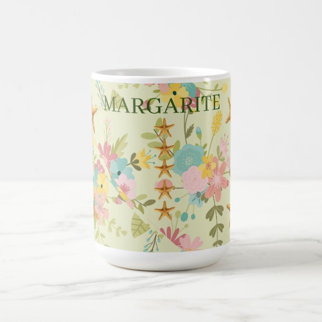 Personlig Starfish Rosa Gult Grönt Blommigts Kaffemugg (Center)