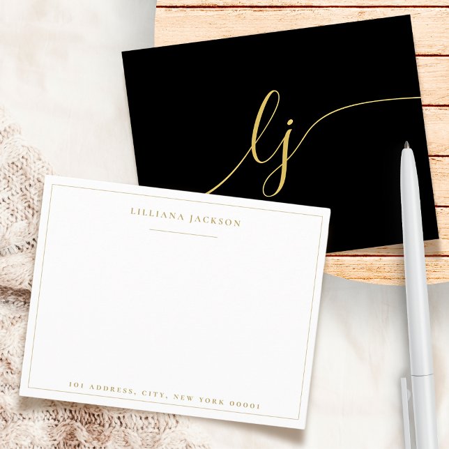 Personlig Stationery för enkel  i svart Guld Anteckningskort (Skapare uppladdad)