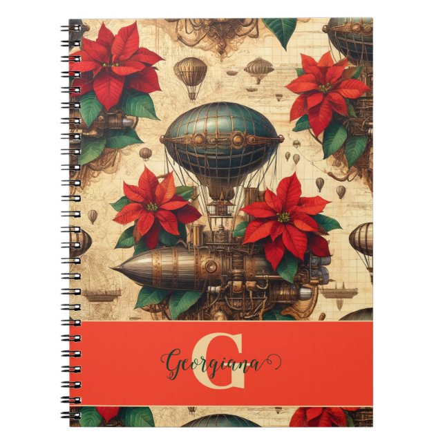 Personlig Steampunk Airship with Poinsettia Anteckningsbok (Framsidan)
