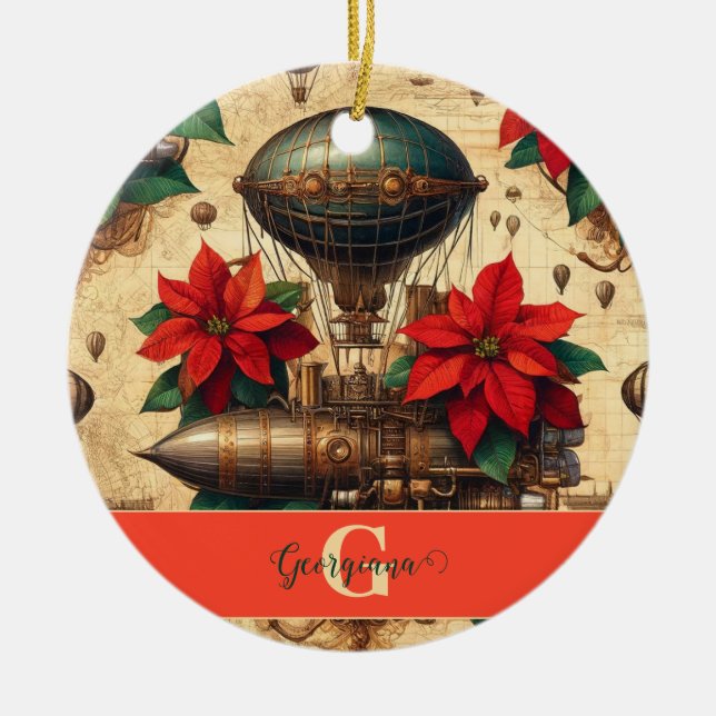 Personlig Steampunk Airship with Poinsettia Julgransprydnad Keramik (Framsidan)