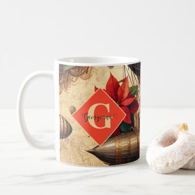 Personlig Steampunk Airship with Poinsettia Kaffemugg (Med munk)
