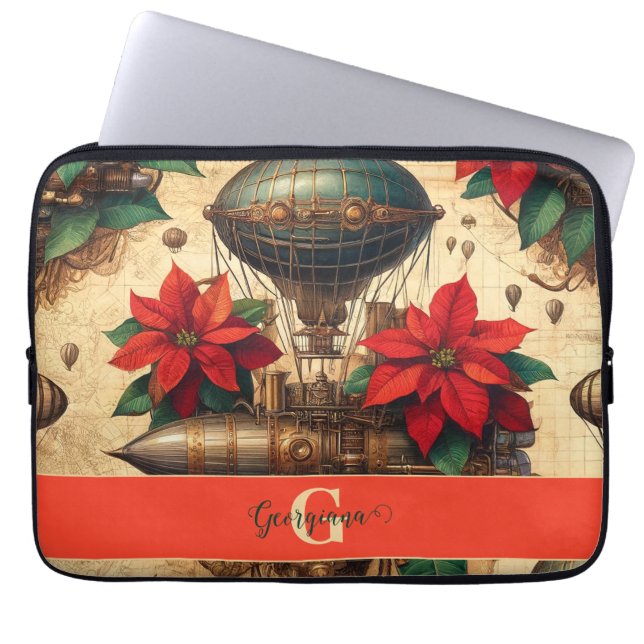 Personlig Steampunk Airship with Poinsettia Laptop Fodral (Framsidan)
