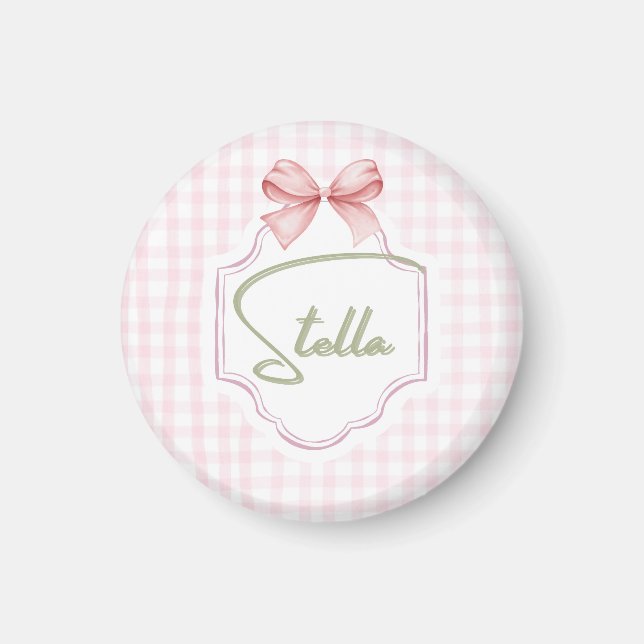 Personlig Stella Flicka Nursery Bow&Gingham Magnet (Framsidan)