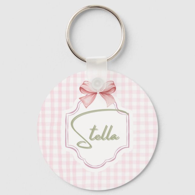 Personlig Stella Flicka Nursery Bow&Gingham Nyckelring (Framsida)