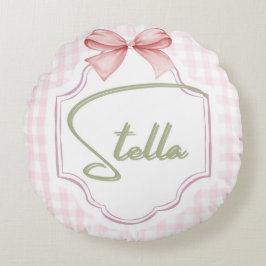 Personlig Stella Flicka Nursery Bow&Gingham Rund Kudde