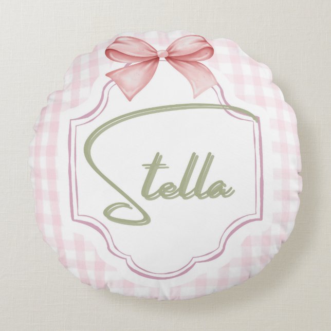 Personlig Stella Flicka Nursery Bow&Gingham Rund Kudde (Framsidan)