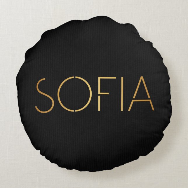 Personlig Stencil Font Sofia Guld Black Rund Kudde (Baksidan)