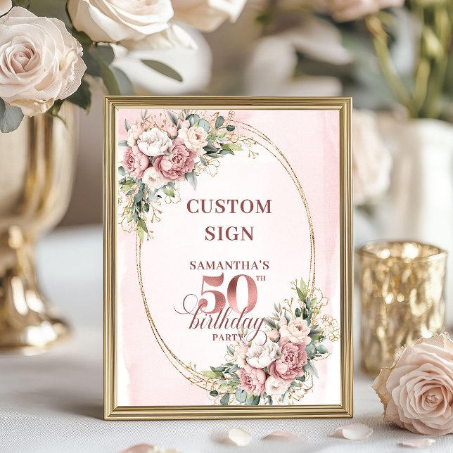 Personlig Stilfull Rosa Guld 50-årsdag Bord Poster (Personalized Stylish Rose Gold 50th Birthday Tabletop Sign)