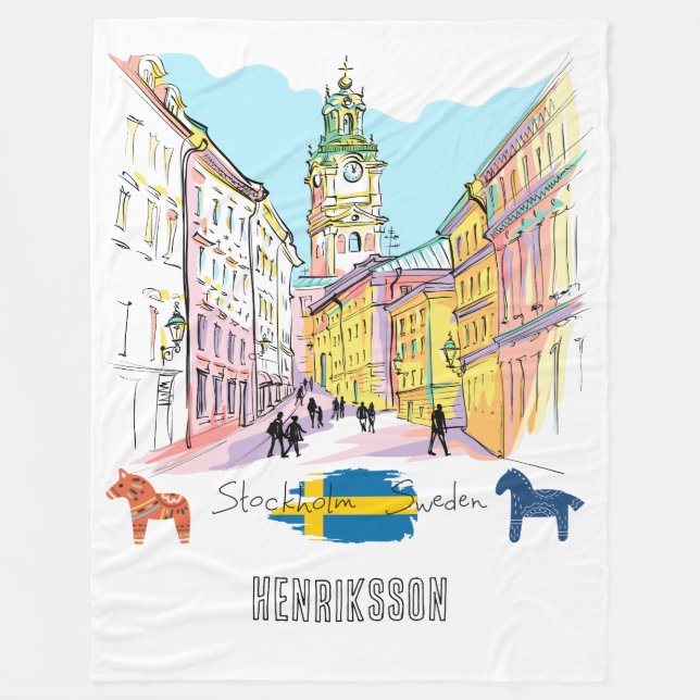 Personlig Stockholm Sverige Watercolor-målning Fleecefilt (Framsidan)
