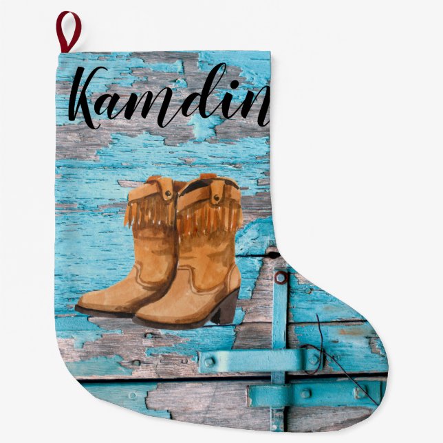 Personlig Stocking Blue Wood Barn Door Boots Co Stor Julstrumpa (Framsidan)