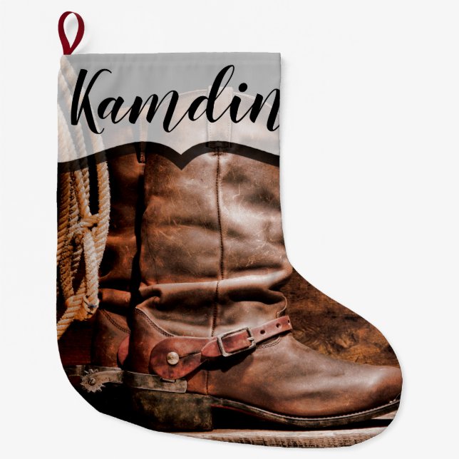 Personlig Stocking Cowboy Boots Barn Wood Rusti Stor Julstrumpa (Framsidan)
