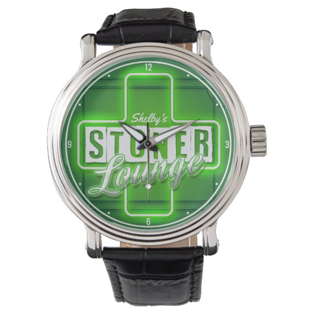Personlig Stoner Lounge NAMN Faux Neon Pub Armbandsur (Framsida)