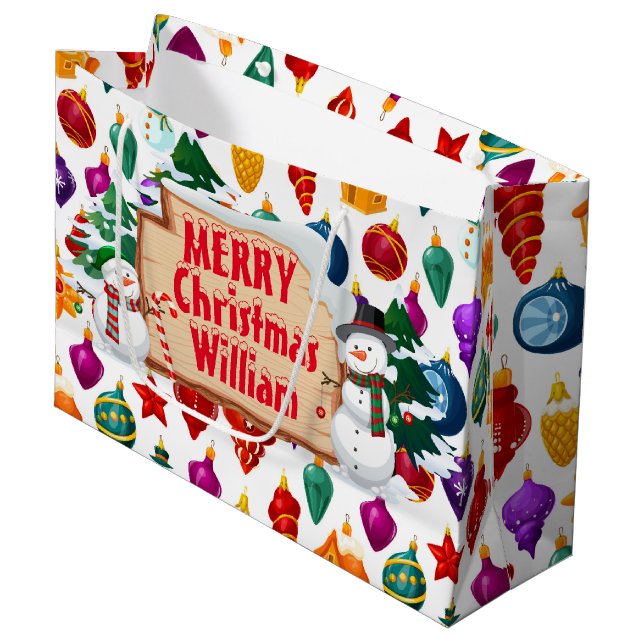Personlig stor julklappspåse med glada snömän (Framsidan Vinklad)