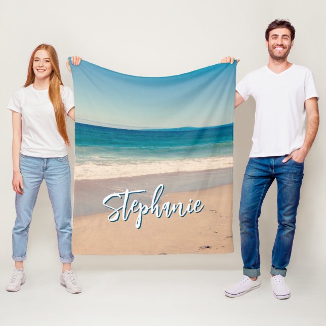 Personlig strandfoto havsblå fleecefilt (På plats)