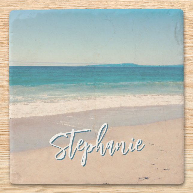 Personlig strandfoto havsblå landskapsbild stenunderlägg (Personalized Beach Photo Ocean Blue Scenic Stone Coaster)