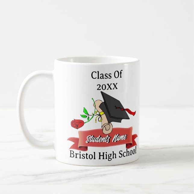 Personlig Studenten Gift Cap Diploma Röd ros Kaffemugg (Vänster)