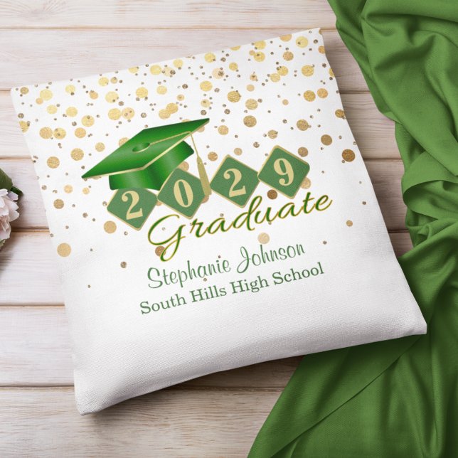 Personlig Studenten Konfetti Grönt och Guld Kudde (Personalized Graduation Confetti Green & Gold Throw Pillow)