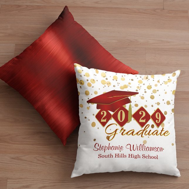 Personlig Studenten Red & Guld Confetti Kudde (Personalized Graduation Red & Gold Confetti Throw Pillow Front and Back)