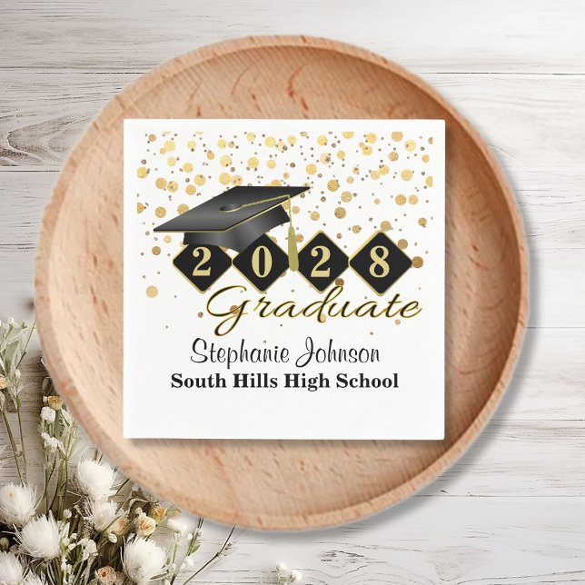 Personlig Studentfest Black & Guld Pappersservett (Personalized Graduation Party Black & Gold Napkins)