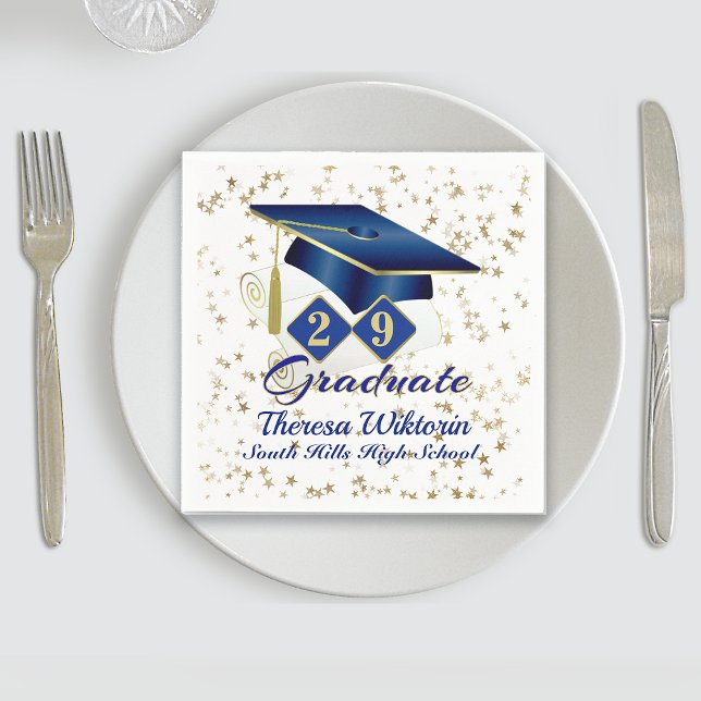 Personlig Studentfest Blue & Guld 20XX Pappersservett (Personalized Graduation Party Blue & Gold Napkins)