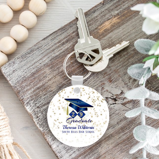 Personlig Studentfest Blue Guld Classic Nyckelring (Personalized Graduation Party Blue Gold Classic Keychain)
