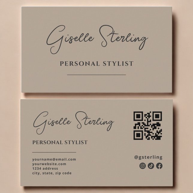 Personlig stylist Neutral Taupe Script QR-kod Visitkort (Skapare uppladdad)