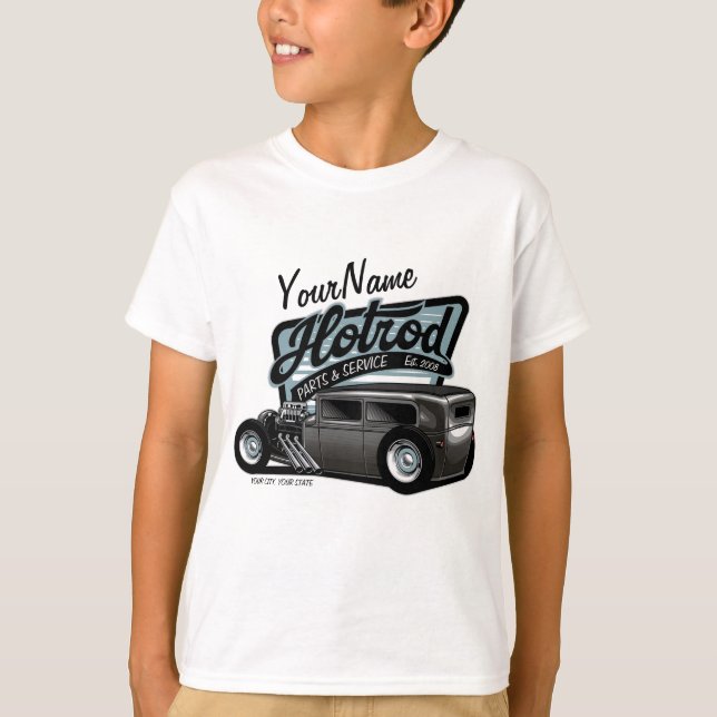 Personlig Suede Hot rod Sedan Speed Shop Garage T Shirt (Framsida)