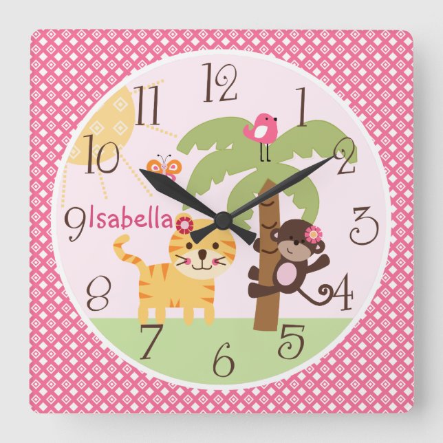 Personlig Sunny Monkey & Tiger Nursery Clock Fyrkantig Klocka (Framsida)
