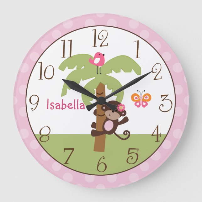 Personlig Sunny Safari Monkey Nursery Clock Stor Klocka (Framsida)
