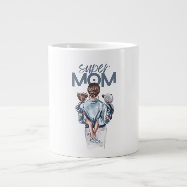 Personlig Super Mamma med Son och Dotter Present Jumbo Mugg (Framsidan)