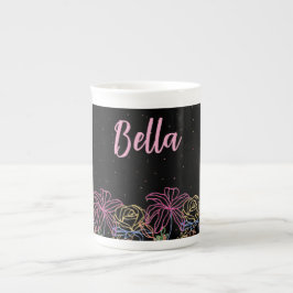 Personlig svart blomster- stjärnklar nattkaffekopp benporslin mugg