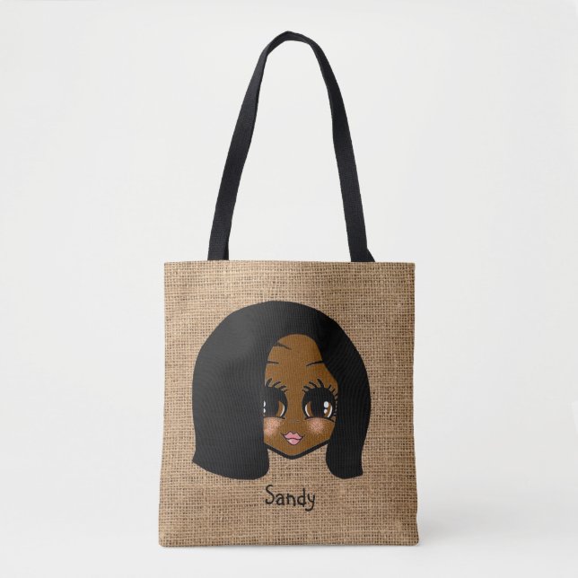 Personlig svart flicka Caricature Jute Print Tote Tygkasse (Framsida)