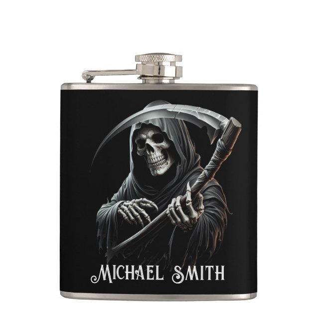 Personlig Svart Grim Reaper med eget namn Fickplunta (Framsidan)