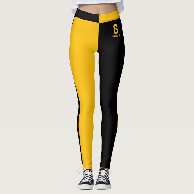 Personlig svart gul orange ränder monogram leggings (Framsida)